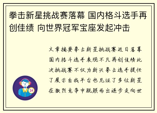 拳击新星挑战赛落幕 国内格斗选手再创佳绩 向世界冠军宝座发起冲击