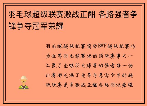 羽毛球超级联赛激战正酣 各路强者争锋争夺冠军荣耀
