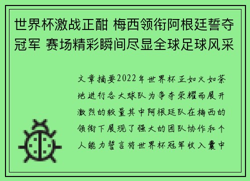 世界杯激战正酣 梅西领衔阿根廷誓夺冠军 赛场精彩瞬间尽显全球足球风采